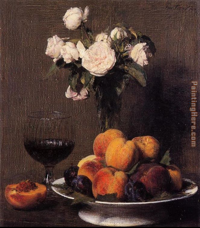 Still Life with Roses Fruit and a Glass of Wine painting - Henri Fantin-Latour Still Life with Roses Fruit and a Glass of Wine art painting